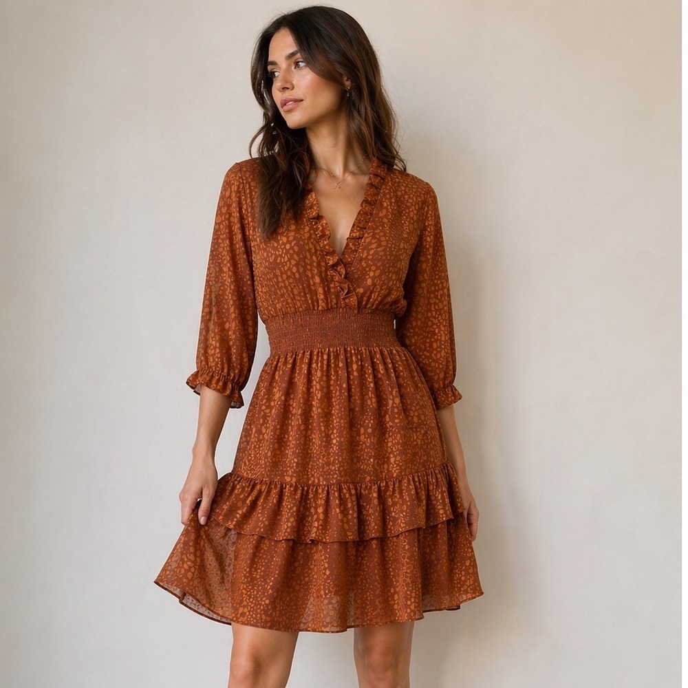Emma & Michele Tiered‎ Ruffle Mini Dress Women Size S Rust Orange Excellent